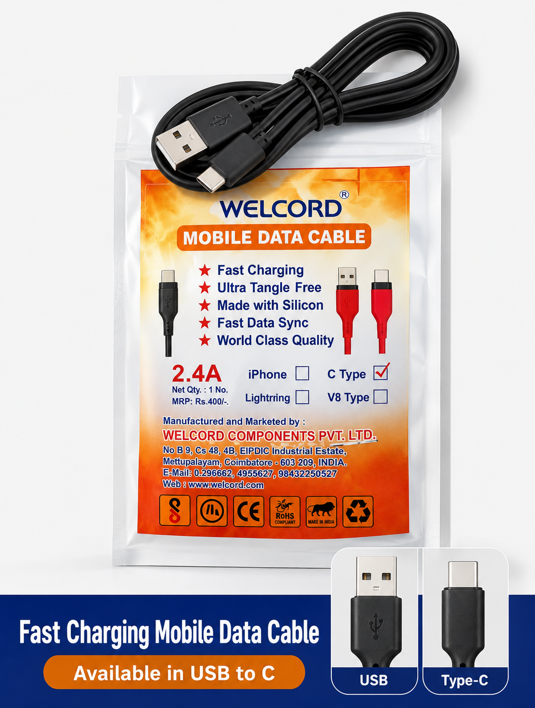 USB to 'C' type Cable Charger