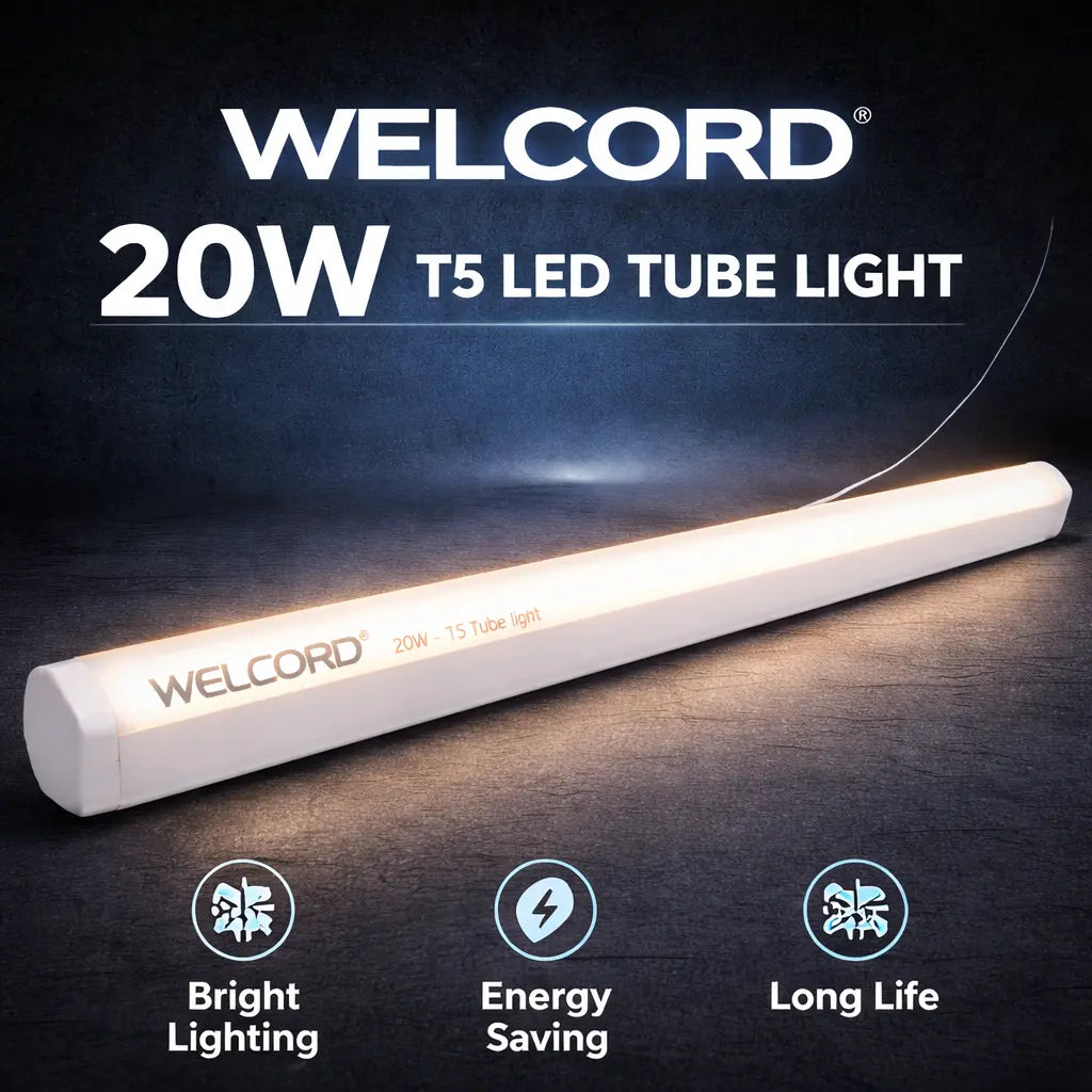 WELCORD 20W T5 LED tube light on a dark background with features highlighted.
