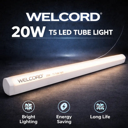 WELCORD 20W T5 LED tube light on a dark background with features highlighted.