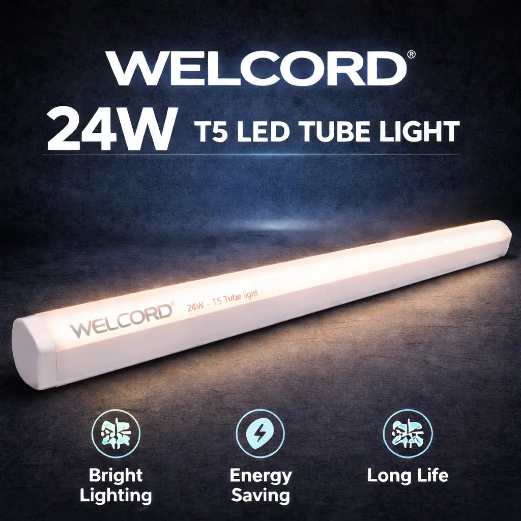 WELCORD 24W T5 LED tube light on a dark background with features highlighted.