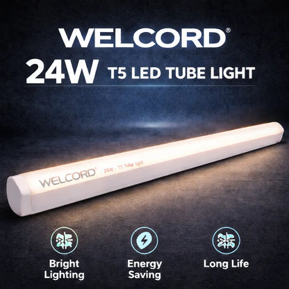 WELCORD 24W T5 LED tube light on a dark background with features highlighted.